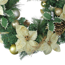Load image into Gallery viewer, Gold Ornament Christmas Wreath with Poinsettias and Pine Cones 24 Inch Unlit