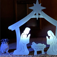Load image into Gallery viewer, Four Piece Outdoor Christmas Nativity Set with Stable, Mary, Joseph and Baby Jesus in Thick PVC Plastic