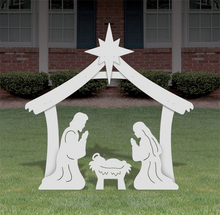Load image into Gallery viewer, Four Piece Outdoor Christmas Nativity Set with Stable, Mary, Joseph and Baby Jesus in Thick PVC Plastic