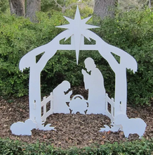 Load image into Gallery viewer, Four Piece Outdoor Christmas Nativity Set with Stable, Mary, Joseph and Baby Jesus in Thick PVC Plastic