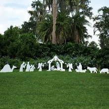 Load image into Gallery viewer, Four Piece Outdoor Christmas Nativity Set with Stable, Mary, Joseph and Baby Jesus in Thick PVC Plastic