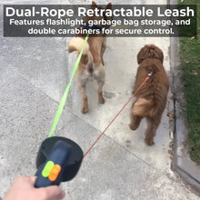 Load image into Gallery viewer, Dual Retractable Dog Leash with Flashlight & Waste Bag Holder