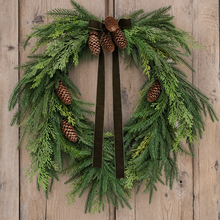 Load image into Gallery viewer, 24" Holiday Heart Pine Wreath with Green Ribbon - Interior Delights