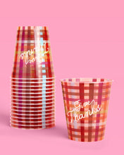 Load image into Gallery viewer, Paper Cups with Give Thanks Script and Burgundy Plaid Pattern, 16-Count