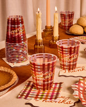 Load image into Gallery viewer, Paper Cups with Give Thanks Script and Burgundy Plaid Pattern, 16-Count