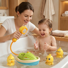 Load image into Gallery viewer, Duck Fountain Bath Toy with Battery Powered Shower Head, Squirting Ducks, and Floating Boat