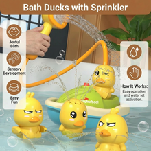 Load image into Gallery viewer, Duck Fountain Bath Toy with Battery Powered Shower Head, Squirting Ducks, and Floating Boat