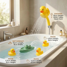 Load image into Gallery viewer, Duck Fountain Bath Toy with Battery Powered Shower Head, Squirting Ducks, and Floating Boat