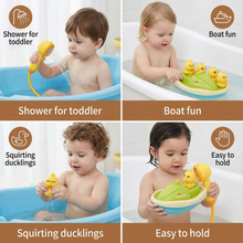 Load image into Gallery viewer, Duck Fountain Bath Toy with Battery Powered Shower Head, Squirting Ducks, and Floating Boat