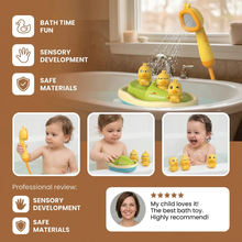 Load image into Gallery viewer, Duck Fountain Bath Toy with Battery Powered Shower Head, Squirting Ducks, and Floating Boat