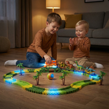 Load image into Gallery viewer, Flexible Dinosaur Track Set with Glowing Light Up Train and Landscape Accessories