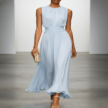 Load image into Gallery viewer, Sleeveless pleated maxi dress for wedding guests. Features a stylish ruched waist & elegant summer style.