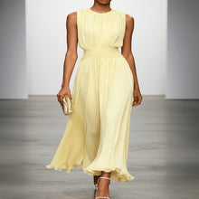 Load image into Gallery viewer, Elegant women's pleated maxi dress with a flattering ruched waist, suitable for wedding guest attire.