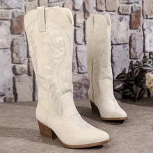 Load image into Gallery viewer, Stunning women's knee-high western boots showcasing unique, intricate embroidery for a distinctive fashion statement.