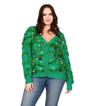 Load image into Gallery viewer, Womens Plus Size Green Christmas Tree Cardigan with Bulbs, Tinsel, and Buttons