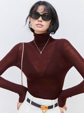 Load image into Gallery viewer, Womens Sheer Knit Turtleneck Top with Medium Stretch and Natural Fiber Blend