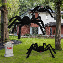 Load image into Gallery viewer, Halloween Hairy Spider Set with Three Bendable Spiders and 12 Foot Cobweb in Black Or White
