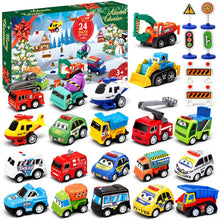 Load image into Gallery viewer, Advent Calendar with 21 Pull Back Toy Vehicles and 3 Sets of Traffic Signs Behind 24 Windows
