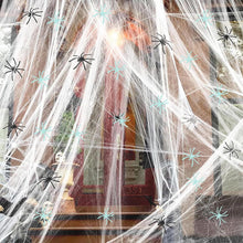 Load image into Gallery viewer, Stretch Spider Web Decoration with Glowing and Black Fake Spiders
