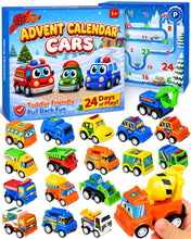 Load image into Gallery viewer, Toddler Pull Back Car Countdown Calendar with 24 Colorful Cars and a Play Map in a Gift Ready Box
