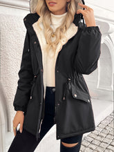 Load image into Gallery viewer, Womens Hooded Jacket with a Plush Lining, Front Zip and Snap Closure and Roomy Pockets in Black
