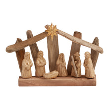 Load image into Gallery viewer, Rustic Driftwood and Paper Pulp Nativity Scene with Gold Washed Figures Under a Star of Bethlehem
