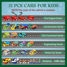 Load image into Gallery viewer, Advent Calendar with 21 Pull Back Toy Vehicles and 3 Sets of Traffic Signs Behind 24 Windows
