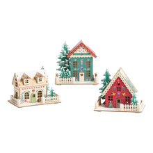 Load image into Gallery viewer, Laser Cut Wood Folk Cottage Set of 3 with LED Lights and Timer for Holiday Mantels and Tables
