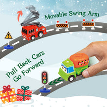 Load image into Gallery viewer, Advent Calendar with 21 Pull Back Toy Vehicles and 3 Sets of Traffic Signs Behind 24 Windows
