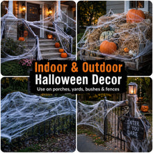 Load image into Gallery viewer, Halloween Spider Web Cobweb Set with 40 Fake Spiders in Six Coverage Sizes
