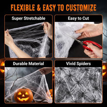 Load image into Gallery viewer, Halloween Spider Web Cobweb Set with 40 Fake Spiders in Six Coverage Sizes
