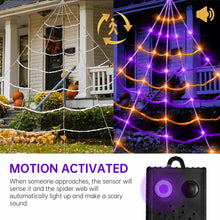 Load image into Gallery viewer, Motion Activated Halloween Spider Web Light 20 By 17 Feet with 150 LEDs and Six Music Modes
