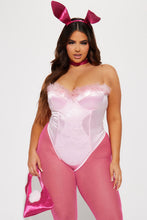 Load image into Gallery viewer, Womens Pink Bunny Costume Set with Faux Fur Trim Bodysuit and Sheer Leggings
