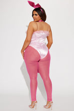 Load image into Gallery viewer, Womens Pink Bunny Costume Set with Faux Fur Trim Bodysuit and Sheer Leggings
