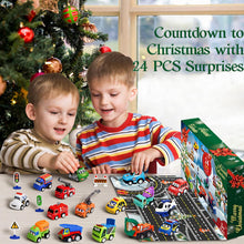 Load image into Gallery viewer, Advent Calendar with 21 Pull Back Toy Vehicles and 3 Sets of Traffic Signs Behind 24 Windows
