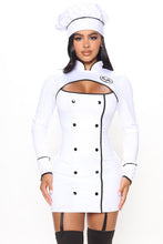 Load image into Gallery viewer, Womens Chef Costume Set with Cutout Long Sleeve Dress and Hat for Halloween
