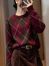 Load image into Gallery viewer, Womens Diamond Argyle Round Neck Sweater with Long Sleeves and a Soft Warm Relaxed Fit in Red Brown
