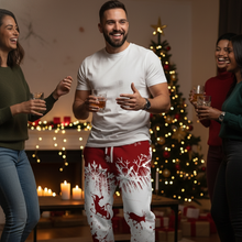 Load image into Gallery viewer, Men's Christmas Pants Santa Reindeer and Tree Print Red and White Holiday Trousers
