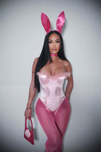 Load image into Gallery viewer, Womens Pink Bunny Costume Set with Faux Fur Trim Bodysuit and Sheer Leggings
