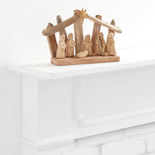 Load image into Gallery viewer, Rustic Driftwood and Paper Pulp Nativity Scene with Gold Washed Figures Under a Star of Bethlehem
