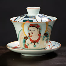 Load image into Gallery viewer, Chinoiserie Enamel Porcelain Tea Bowl with Rotating Three-Cup Design and Gold Lid
