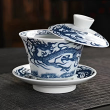 Load image into Gallery viewer, Chinoiserie Enamel Porcelain Tea Bowl with Rotating Three-Cup Design and Gold Lid
