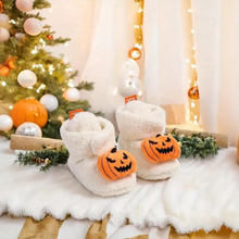 Load image into Gallery viewer, Children's Ankle High Slippers with Pumpkin and Spider Design, Fleece Polyester Blend
