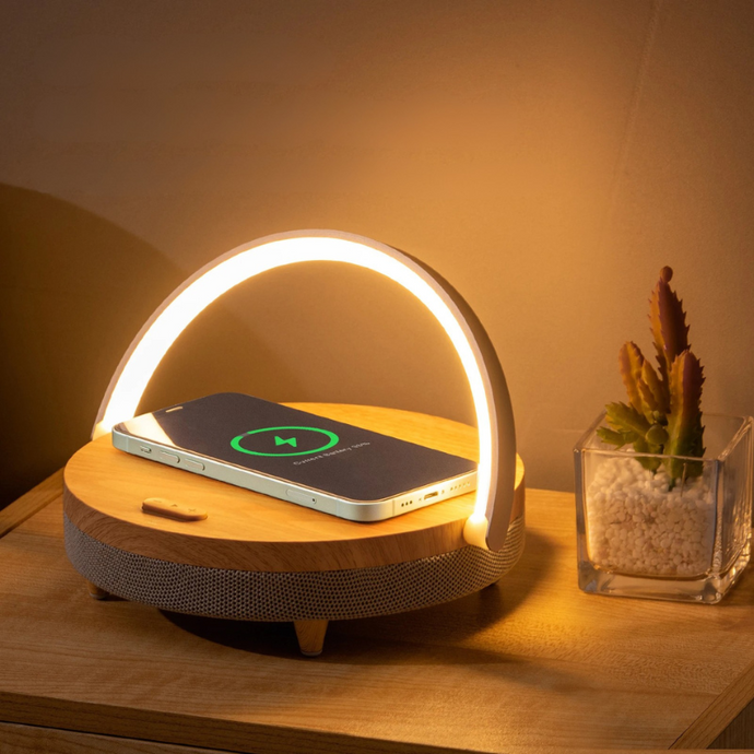 Multifunctional Wooden Table Lamp with Bluetooth Speaker & Wireless Charger