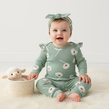 Load image into Gallery viewer, Baby Girls Daisy Print 3 Piece Outfit with Long Sleeve Romper Pants and Headband
