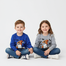 Load image into Gallery viewer, Cozy Halloween Sweatshirt for Kids with Ghost Pumpkin and Bat Design
