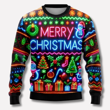 Load image into Gallery viewer, Neon Christmas Sweater with Reindeer and Snowflake Graphics, Unisex Relaxed Fit
