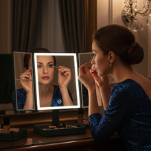Load image into Gallery viewer, LED Light Vanity Mirror with Tri-Fold Magnification and Adjustable Brightness
