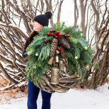 Load image into Gallery viewer, Rustic Vine Wreath with Golden Bells and Pinecones, 17 Inch

