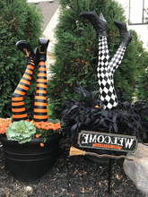 Load image into Gallery viewer, Striped Witch Leg Stakes with Golden Buckle Boots and Built in Posts, Set of 2
